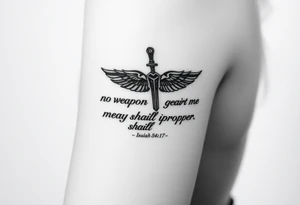 A image that depicts, Isaiah 54:17, no weapon formed against me shall prosper. tattoo idea