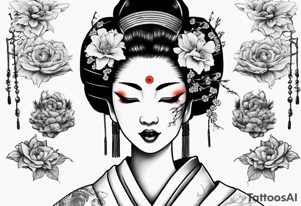 geisha face with two eyes closed with her hands and third realistic eye looking at you tattoo idea