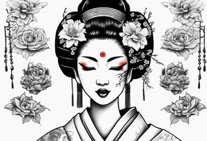 geisha face with two eyes closed with her hands and third realistic eye looking at you tattoo idea