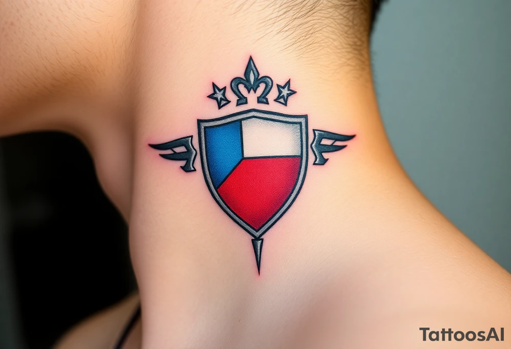 A classical Czech flag (blue, white up, red down) inside a shield emblem, with metallic textures enhancing its strength and durability tattoo idea