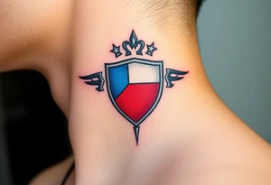 A classical Czech flag (blue, white up, red down) inside a shield emblem, with metallic textures enhancing its strength and durability tattoo idea