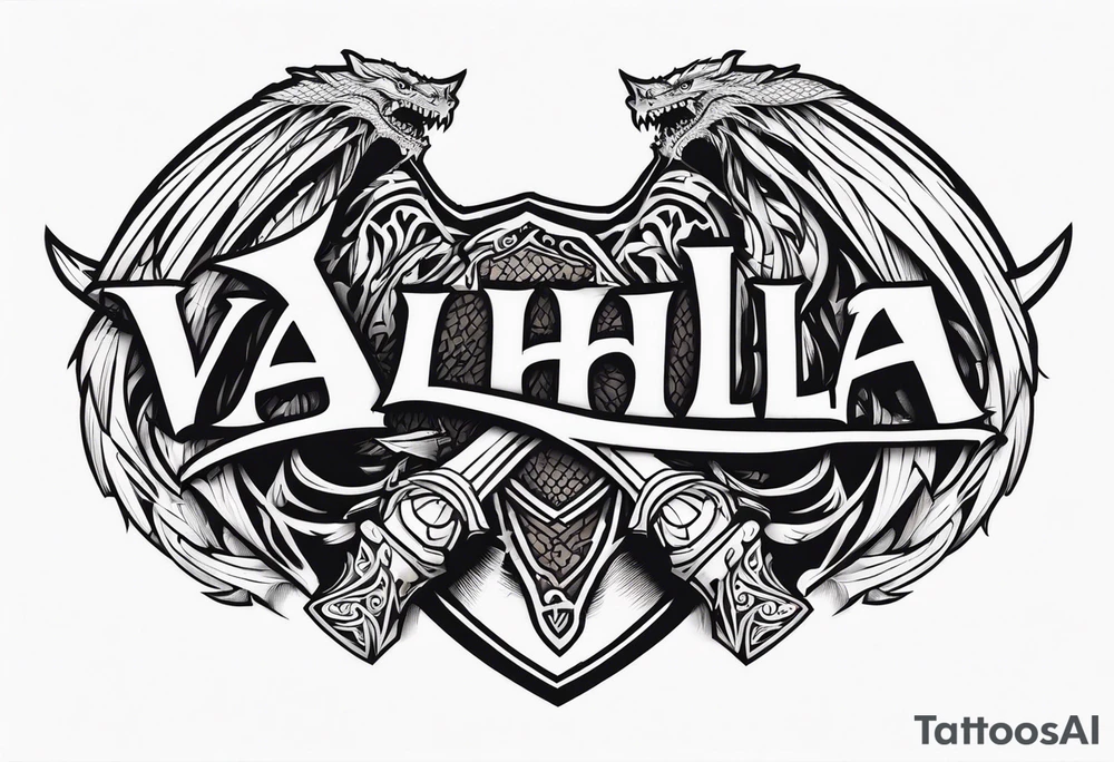 Valhalla sword shield dragon axe tattoo idea