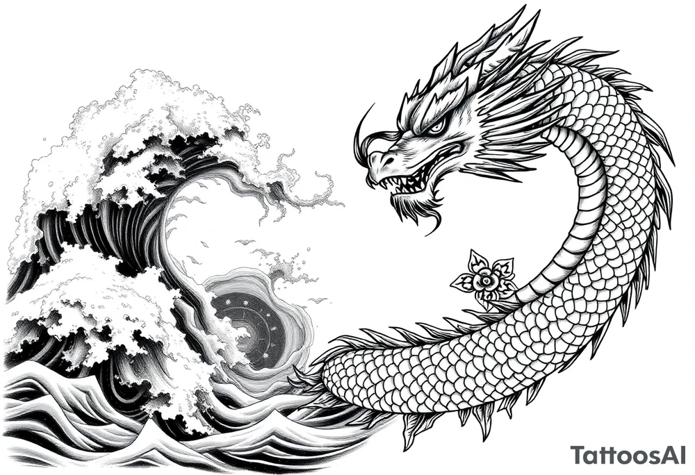 The ocean for the left side. The dragon with sumie style for the right side. That dragon goes up tattoo idea