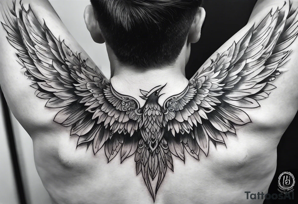 wings extending from a mens shoulders, covering the upper arms and upper back. The feathers are intricately detailed, with soft shading in black and gray to create depth and texture. The wings gently converge in the middle of the back, forming a harmonious and cohesive design. tattoo idea
