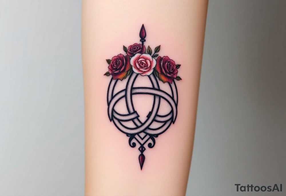 Celtic Trinity knot with a flower crown going through it made out of tiny maroon and blush pink colored roses tattoo idea