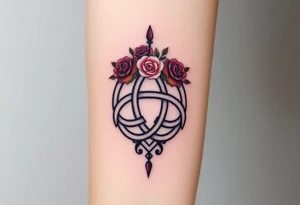 Celtic Trinity knot with a flower crown going through it made out of tiny maroon and blush pink colored roses tattoo idea
