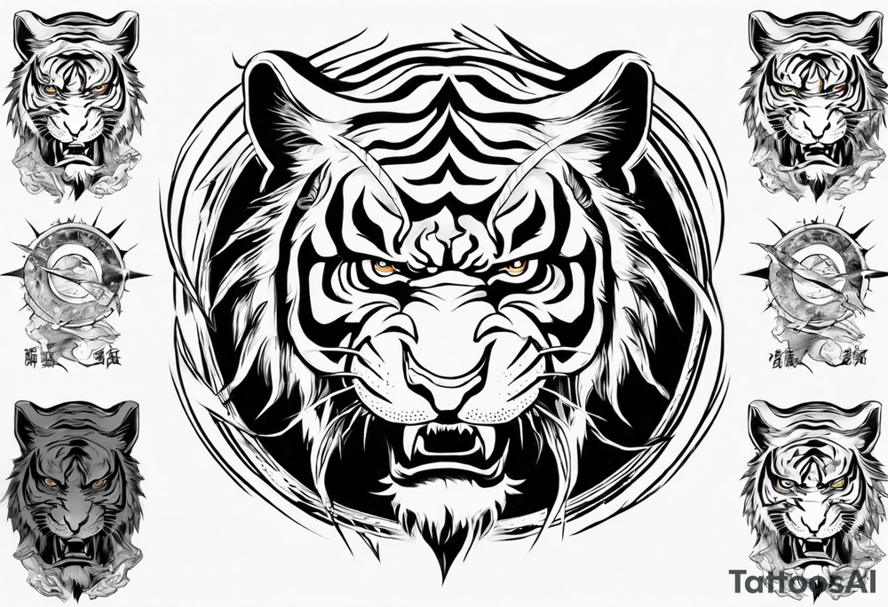 Tiger warrior with lightning and the sun for a forearm sleeve tattoo idea