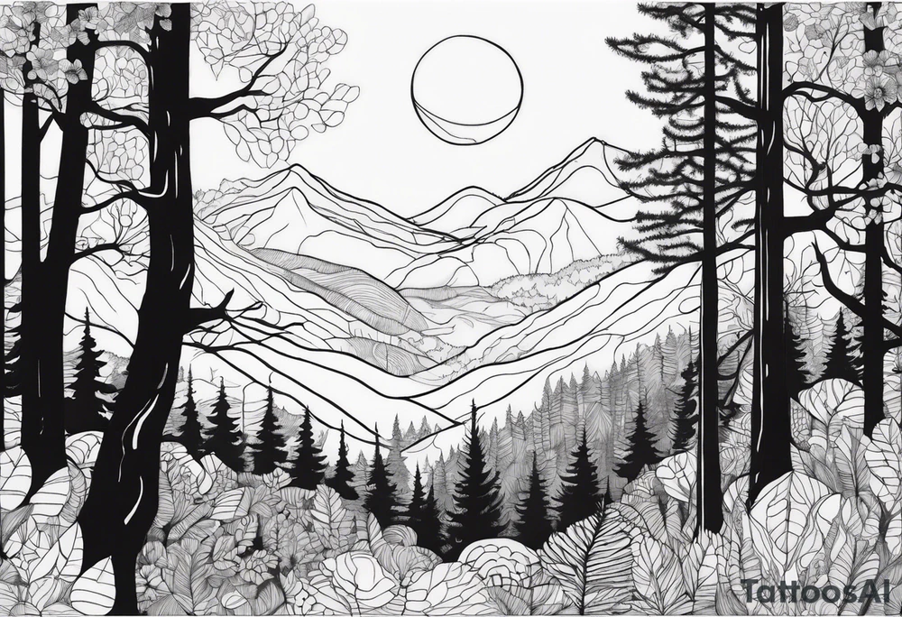 Draw me a Magical forest with s lot of trees in 2D and every tree is black and you see every treetop tattoo idea