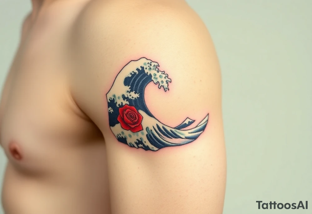 The Great Wave off Kanagawa With a red rose in the curve of the wave tattoo idea