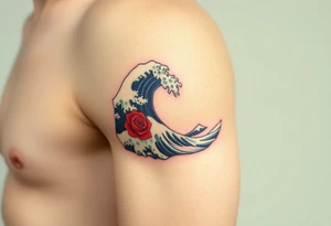 The Great Wave off Kanagawa With a red rose in the curve of the wave tattoo idea