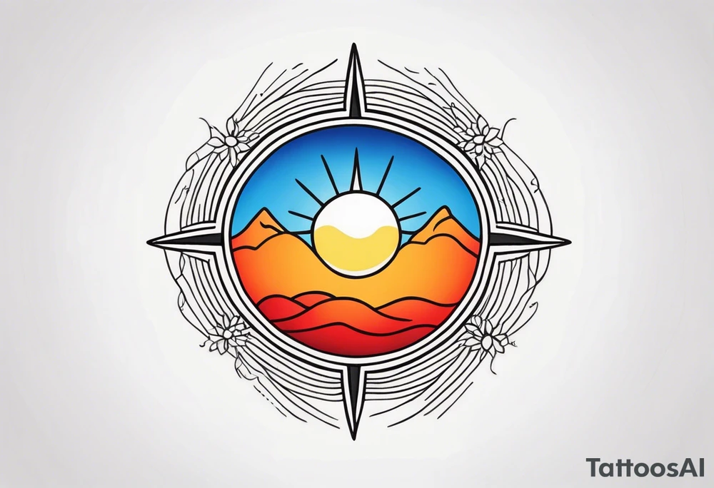 a simple red, blue, orange, and yellow sun tattoo idea