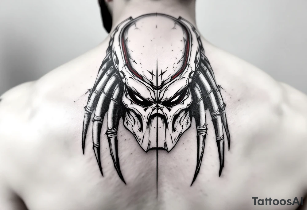 Berserker Predator – The larger, more brutal Yautja variant from Predators (2010), standing taller than traditional hunters with dark reddish-black skin, bone-plated armor, and an angular, menacing bio-mask with a red stripe. tattoo idea