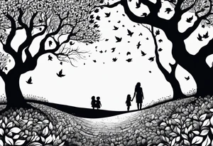 big brother with two sisters below a big tree with falling leaves tattoo idea