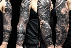 Full arm sleeve tattoo extending from shoulder to wrist featuring an assemble DC comic superhero and villain emblems tattoo idea