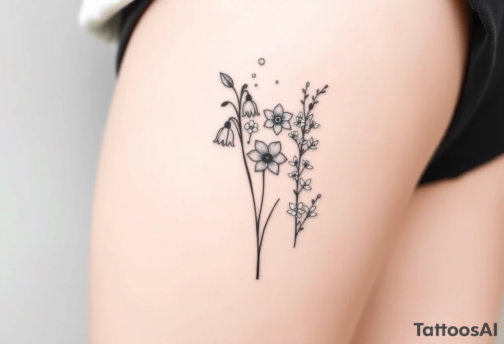 Simple small design in black bunch of flowers individual stems 1 lily of the valley 1 daffodil 1 December holly bush 1 larkspur tattoo idea