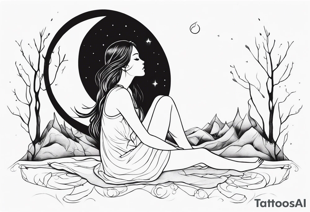 Wiccan moon tears girl on ground tattoo idea