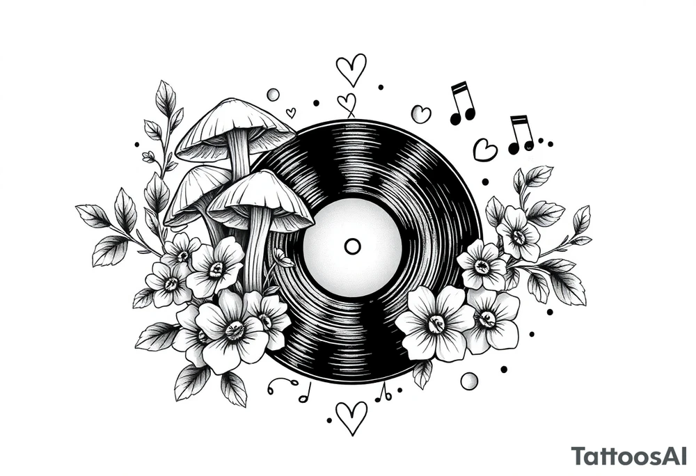 vinyl record with mushrooms, flowers, hearts, and music notes tattoo idea