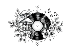 vinyl record with mushrooms, flowers, hearts, and music notes tattoo idea