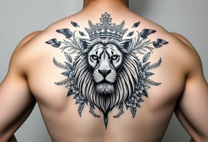 powerful majestic lion with a crown, surrounded by floral ornaments and birds tattoo idea