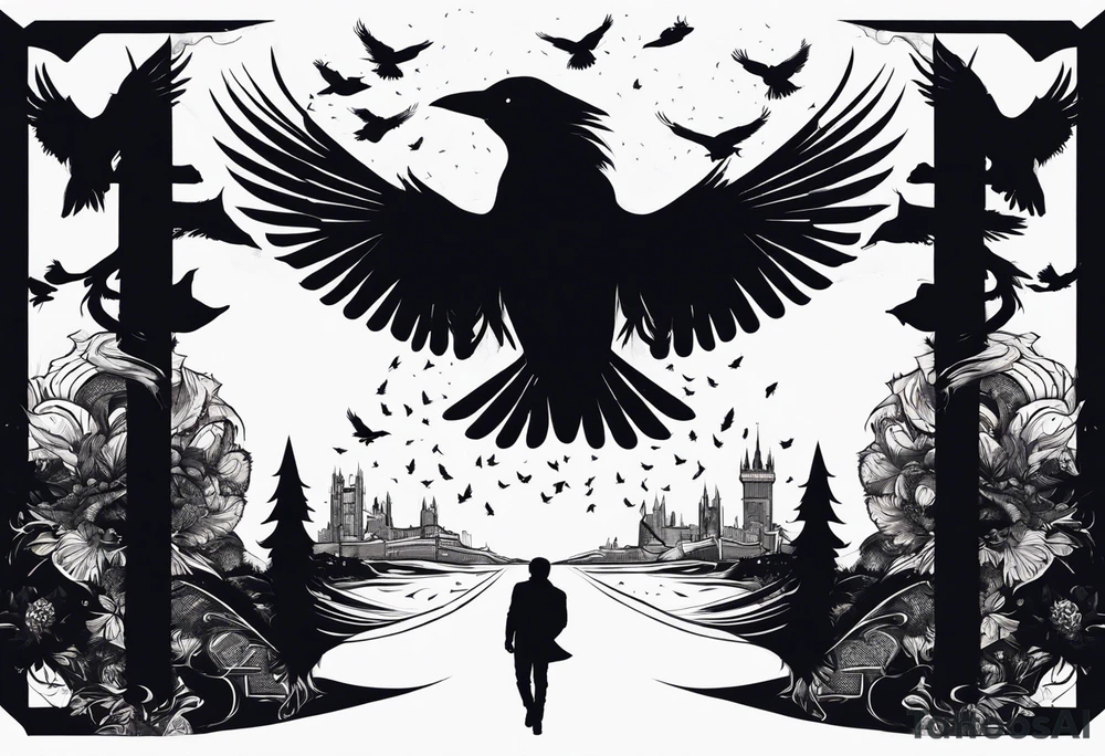 Silhouette of a man on his knees bent over with crows coming out his back like pieces of him flying away. tattoo idea