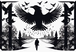 Silhouette of a man on his knees bent over with crows coming out his back like pieces of him flying away. tattoo idea