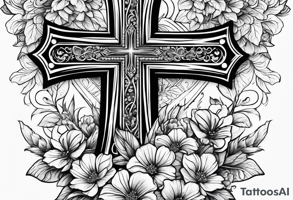 A wood cross with flowers surrounding it tattoo idea