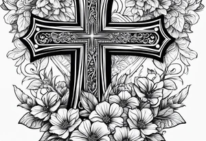 A wood cross with flowers surrounding it tattoo idea