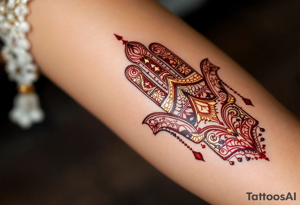 A Moroccan-style Hamsa with intricate arabesque patterns in rich red and gold, reflecting cultural heritage. tattoo idea