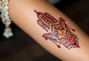 A Moroccan-style Hamsa with intricate arabesque patterns in rich red and gold, reflecting cultural heritage. tattoo idea