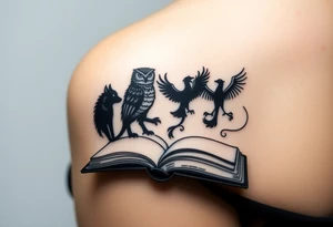 An open book with black silhouettes of a werewolf, an owl, a dragon & a phoenix coming out of the book tattoo idea