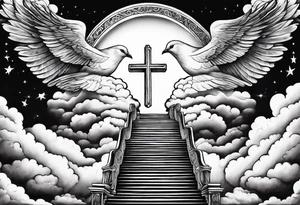 A heavenly stairway to heaven with clouds with a cross with two doves tattoo idea