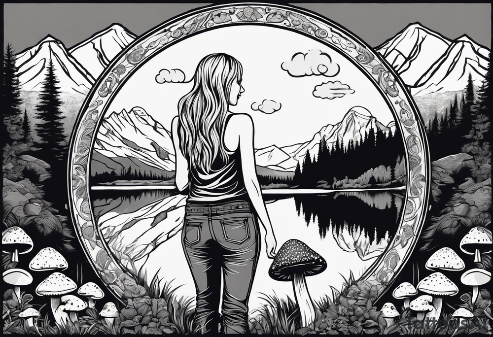 Whole picture encircled fully

Straight long blonde hair hippie girl in distance holding mushrooms in hand facing away toward mountains and creek surrounded by mushrooms tee shirt and hiking pants; whole rendering within a full circle, no cut off circle tattoo idea