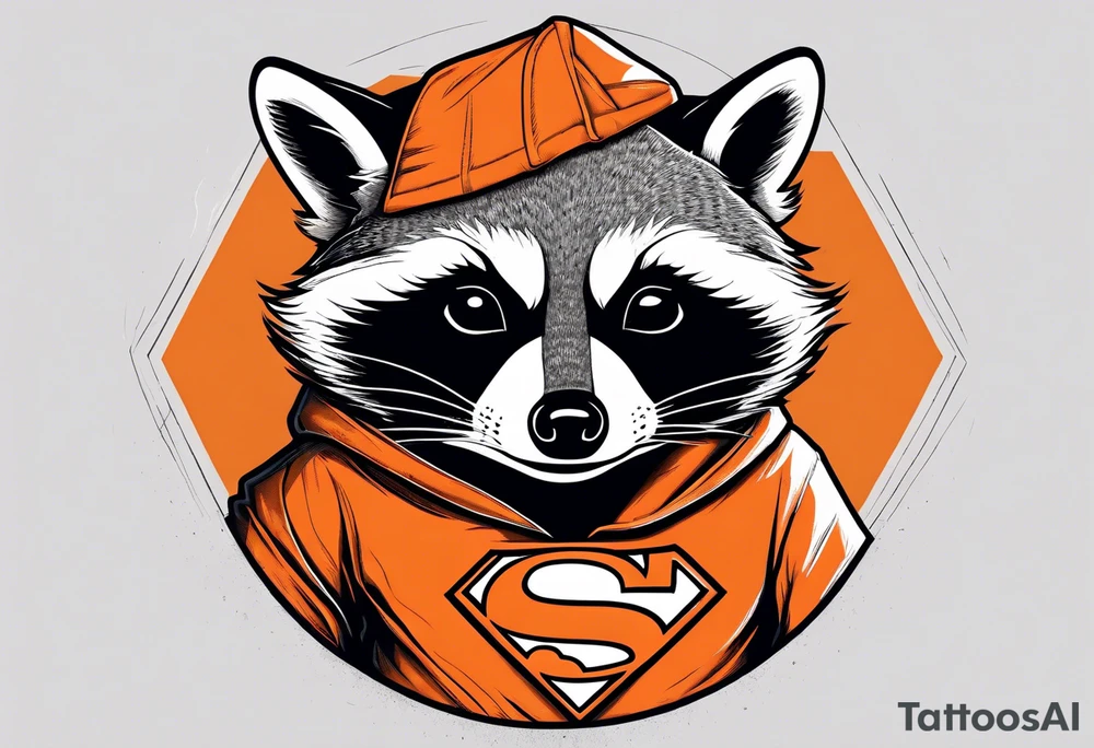 Raccoon wearing an orange Superman hoodie tattoo idea