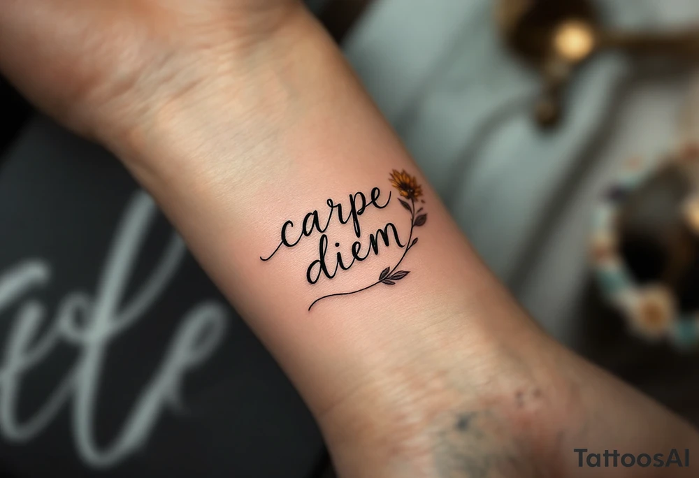 "Carpe Diem" in hand-drawn lettering inside a sunflower in warm gold and green. tattoo idea