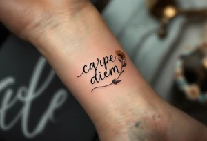 "Carpe Diem" in hand-drawn lettering inside a sunflower in warm gold and green. tattoo idea