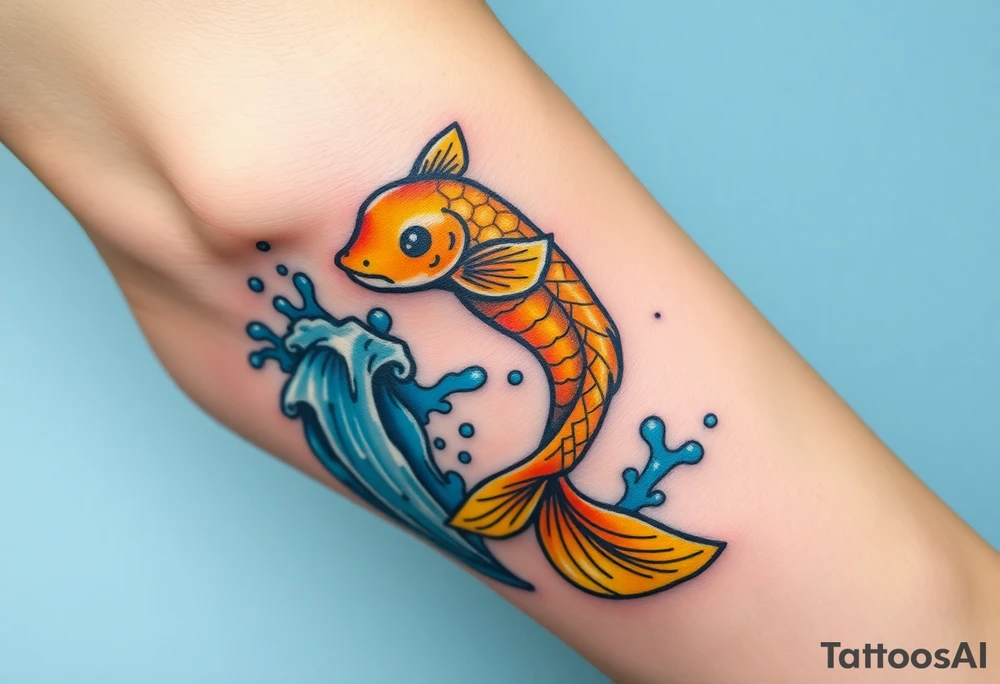 A powerful golden koi fish leaping up a waterfall, symbolizing perseverance and ambition, with vibrant blue water splashes. tattoo idea