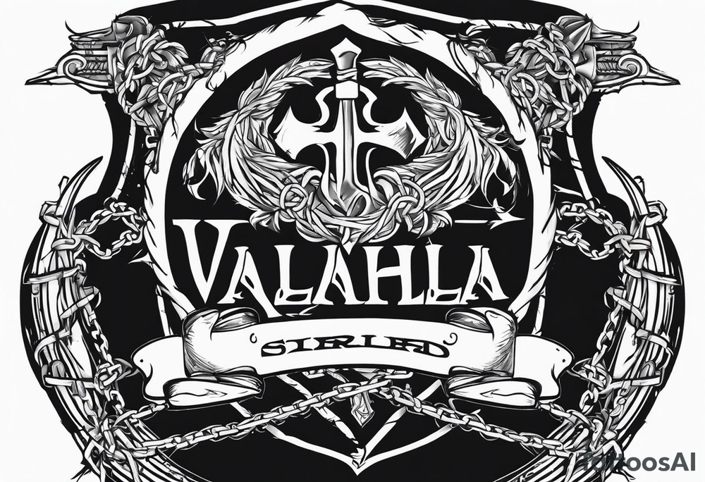 Valhalla sword shield axe barbed wire chains dark cloud tattoo idea
