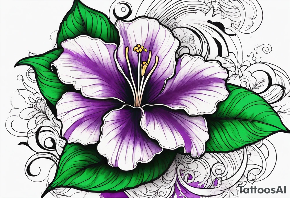 A mystical outline of a green and purple rio dipladenia flower and a green and purple watercolor splash in the background tattoo idea
