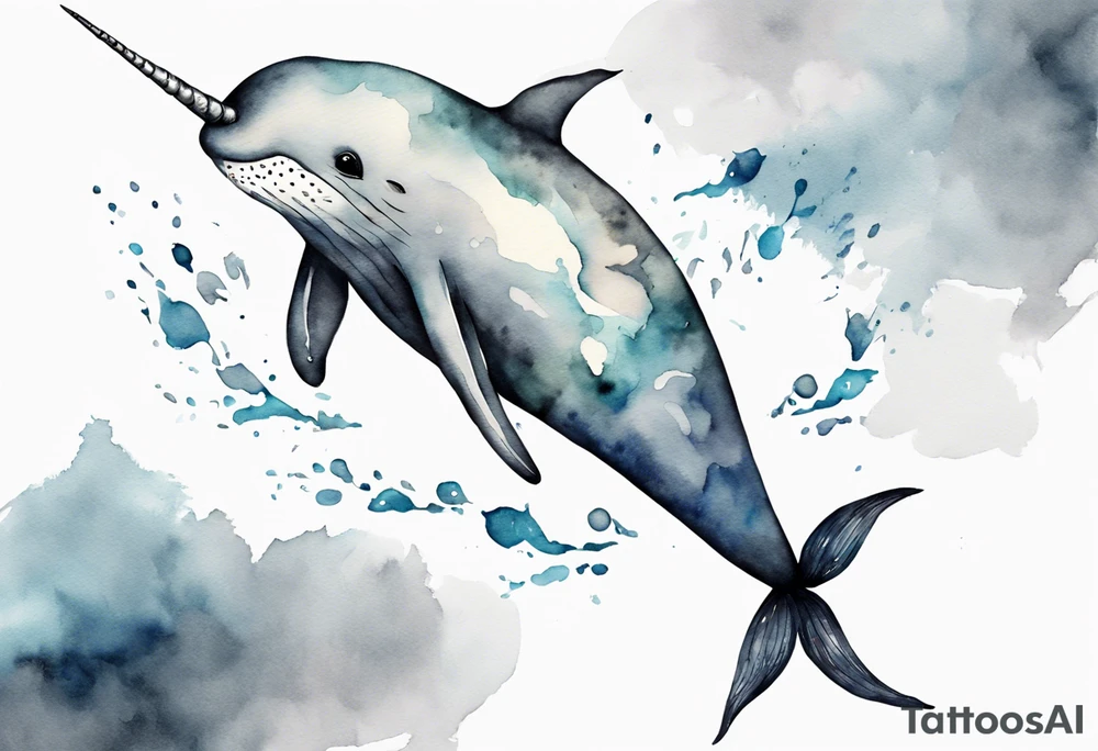a melancholy watercolor painting of a realistic narwhal swimming in a grey ocean tattoo idea