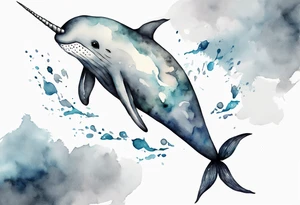 a melancholy watercolor painting of a realistic narwhal swimming in a grey ocean tattoo idea