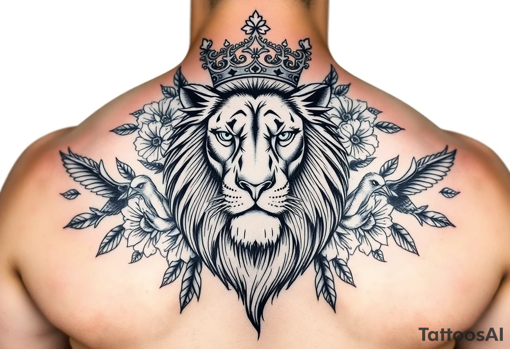 powerful majestic lion with a crown, surrounded by floral ornaments and birds tattoo idea