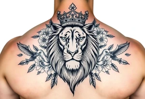 powerful majestic lion with a crown, surrounded by floral ornaments and birds tattoo idea