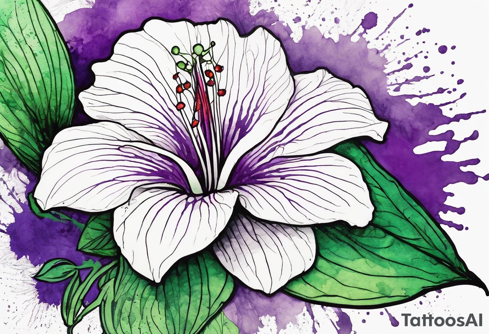 A mystical outline of a rio dipladenia flower and a green/purple watercolor splash in the background tattoo idea