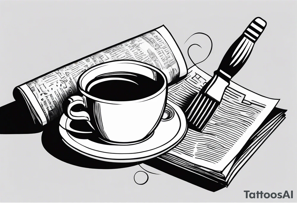 Coffee mug sitting on top of a folded newspaper, with a comb inside of the coffee mug tattoo idea