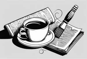 Coffee mug sitting on top of a folded newspaper, with a comb inside of the coffee mug tattoo idea