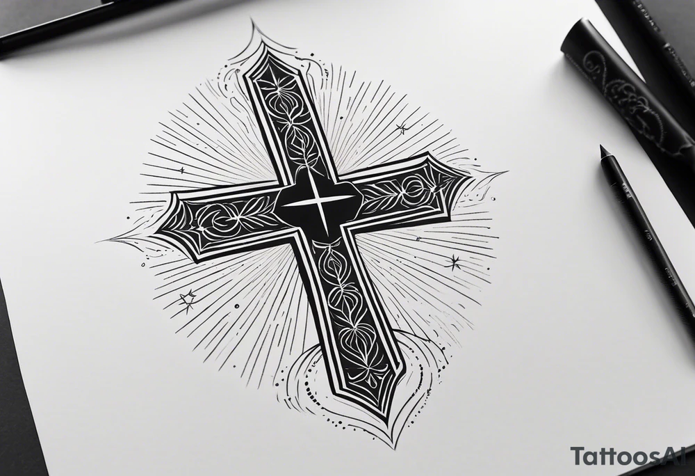Minimalist Tattoo: A refined cross with a soft halo on top of it, symbolizing light and spirituality. Delicate rays extend outward from the halo, adding a subtle glow and depth. The cross itself is simple and elegant, with potential for small, intricate line details within the design. Style: Minimalist. tattoo idea