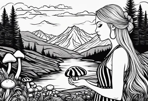 Straight long blonde hair girl standing in right corner in distance holding mushrooms in hand facing away toward mountains and creek surrounded by mushrooms black and white striped dress tattoo idea