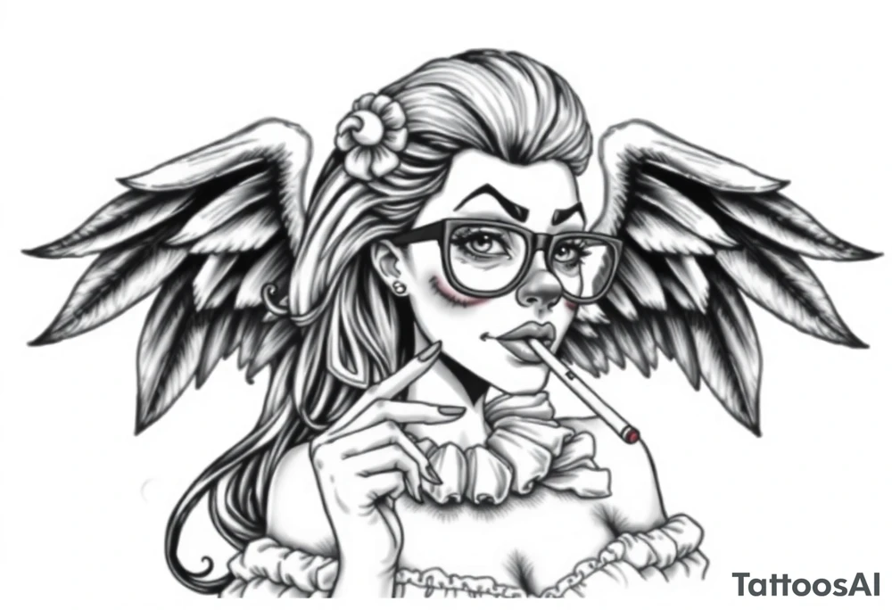 beautiful long hair pin up Clown Girl pays thug eyeglasses  angelic wings smoking a cigarette tattoo idea