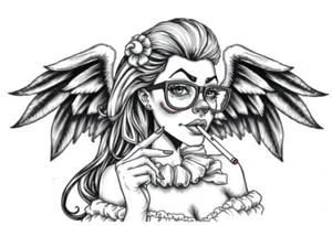 beautiful long hair pin up Clown Girl pays thug eyeglasses  angelic wings smoking a cigarette tattoo idea