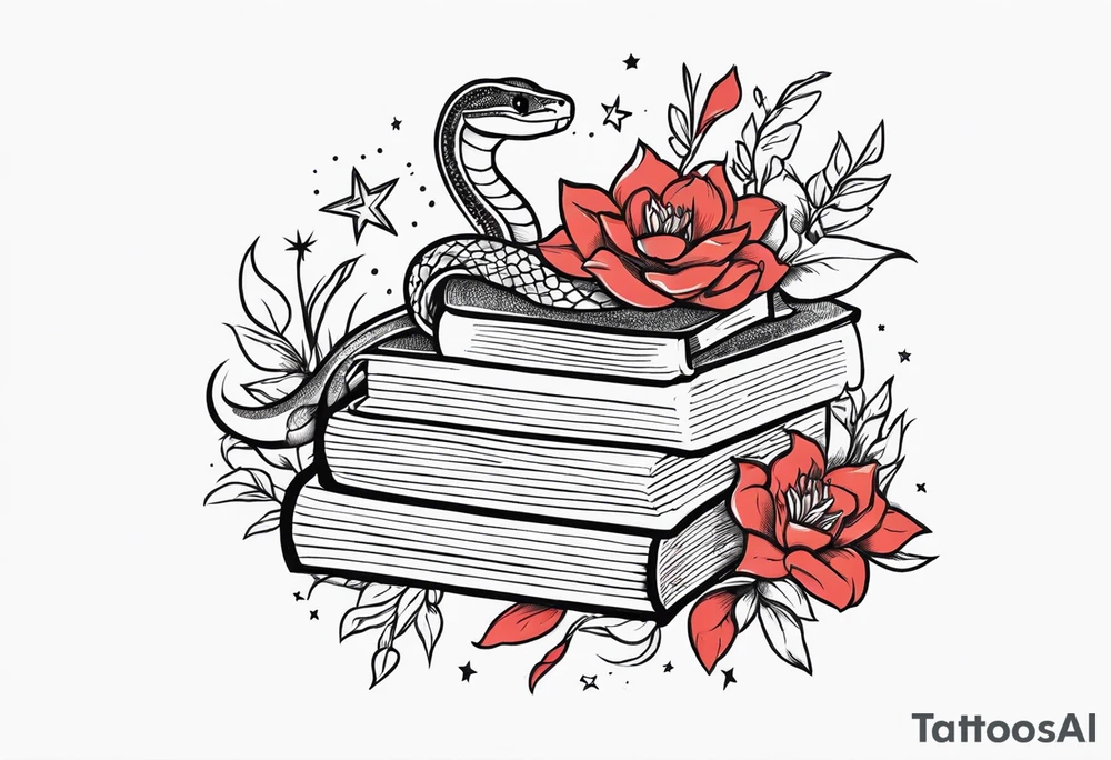 snake, books, stars and poisonous flowers tattoo idea